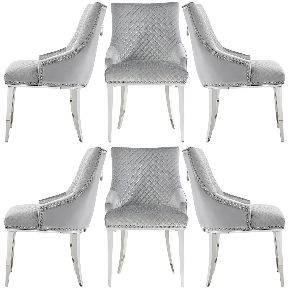 Modern Light Grey Velvet Dining Chairs with Mirrored Silver Legs