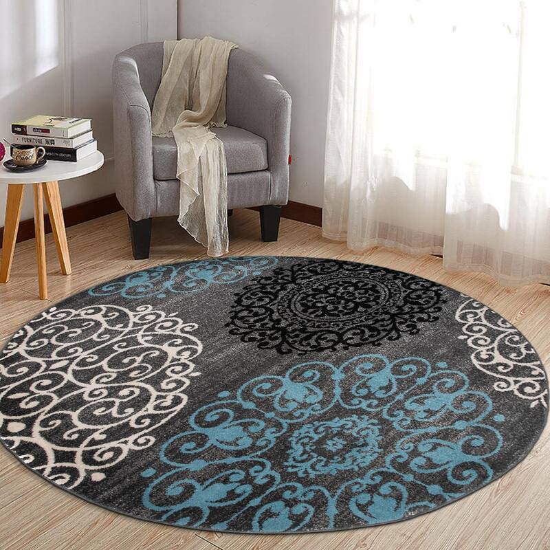 World Rug Gallery Floral Area Rug - 6'6" Round - Gray