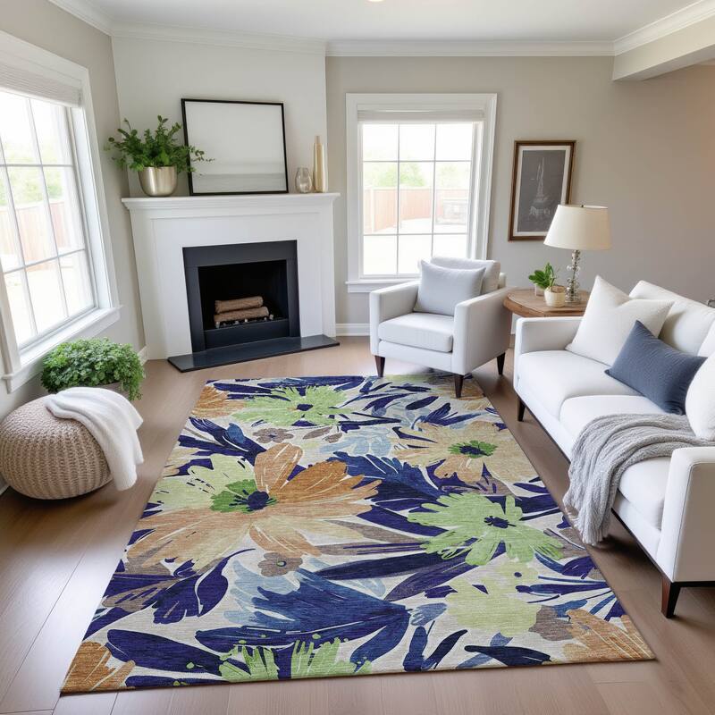 Premium Washable Super Soft Casual Floral Mayfield Rug - Navy - 9' x 12'