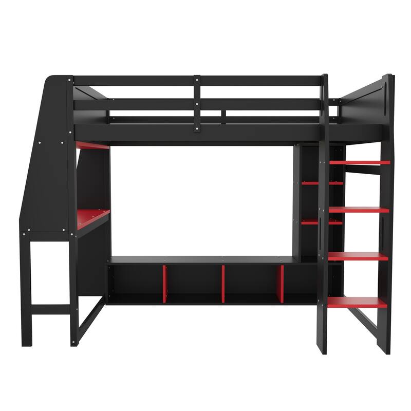 Wood Full Size Gaming Loft Bed with Desk, Cabines Shelves, LED and Clothes Rack, Black