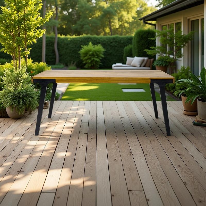 Modern Outdoor Dining Table with Slatted Tabletop and Powder-coated Metal Legs