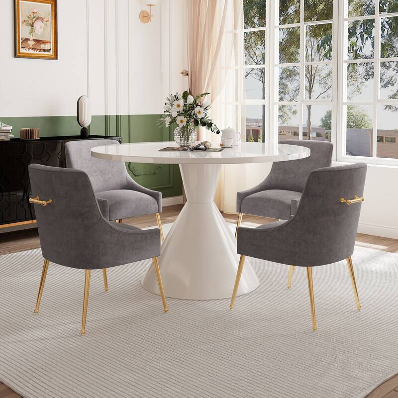 48" Light Luxury White High Gloss Large Countertop Dining Table with Velvet Dining Chair Set