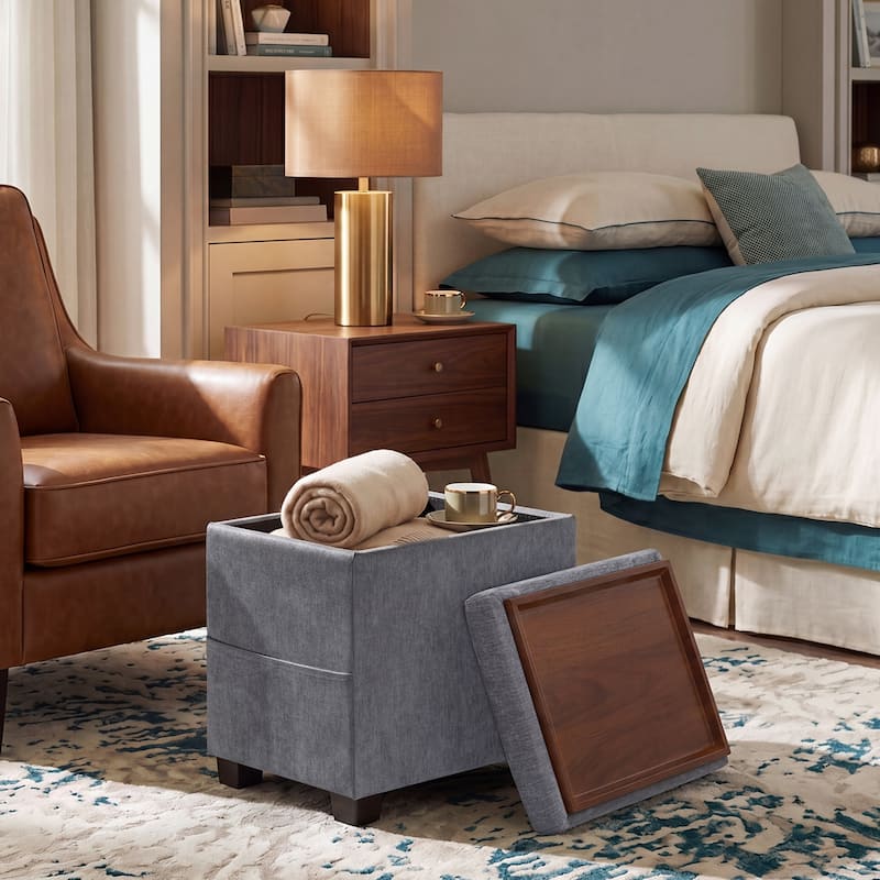 Adeco 16" W Upholstered Rectangle Storage Ottoman with Tray and Pocket