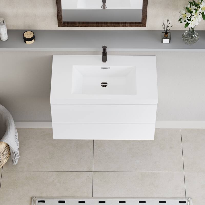 35.5-Inch Floating Bathroom Vanity with Glossy Resin Sink, Ash Grey Color, Wall-Mounted Design, 2 Drawers