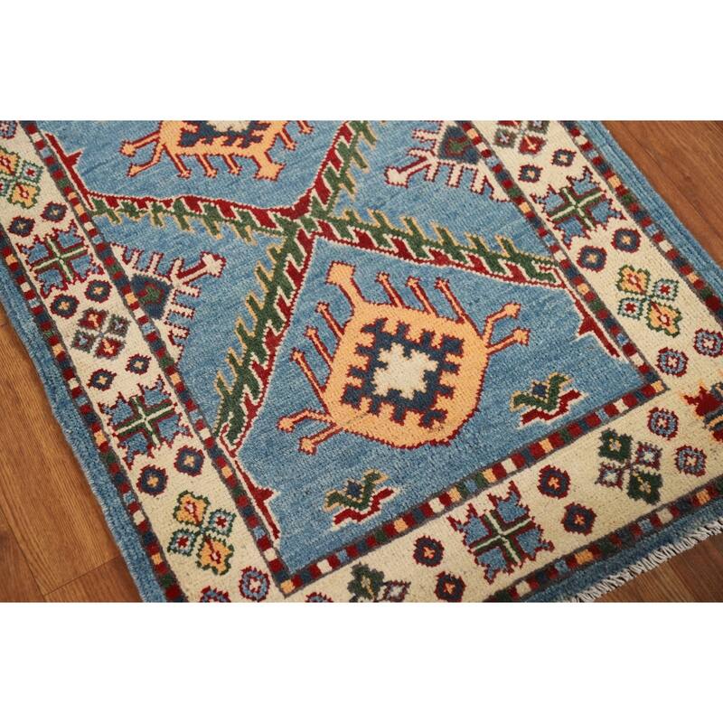 Blue Kazak Oriental Foyer Rug Handmade Geometric Wool Carpet - 2'0" x 3'0"