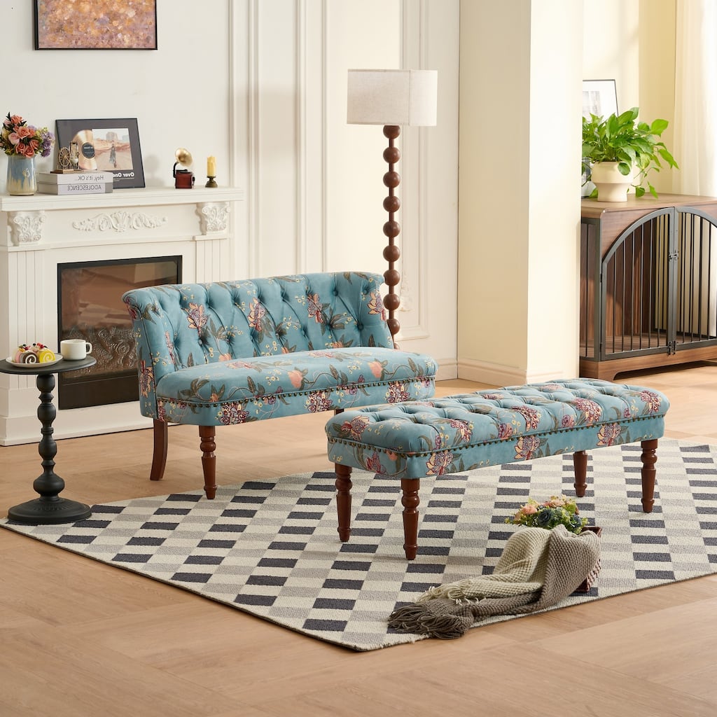 Roomfitters Elegant Vintage Floral Settee and Bench Set, Buttoned Upholstered Seating with Nailhead Trim , Tiffany Blue