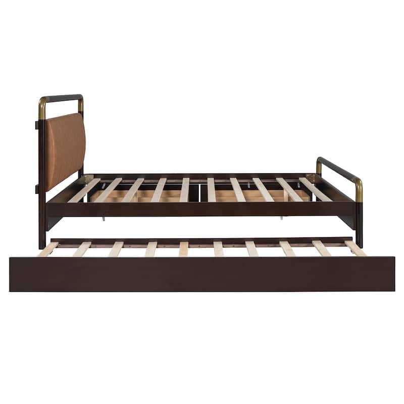 Queen Size Wooden Platform Bed with Upholstered Headboard, Solid Pinewood Storage Bed Frame with 2 Drawers and Twin-XL Trundle