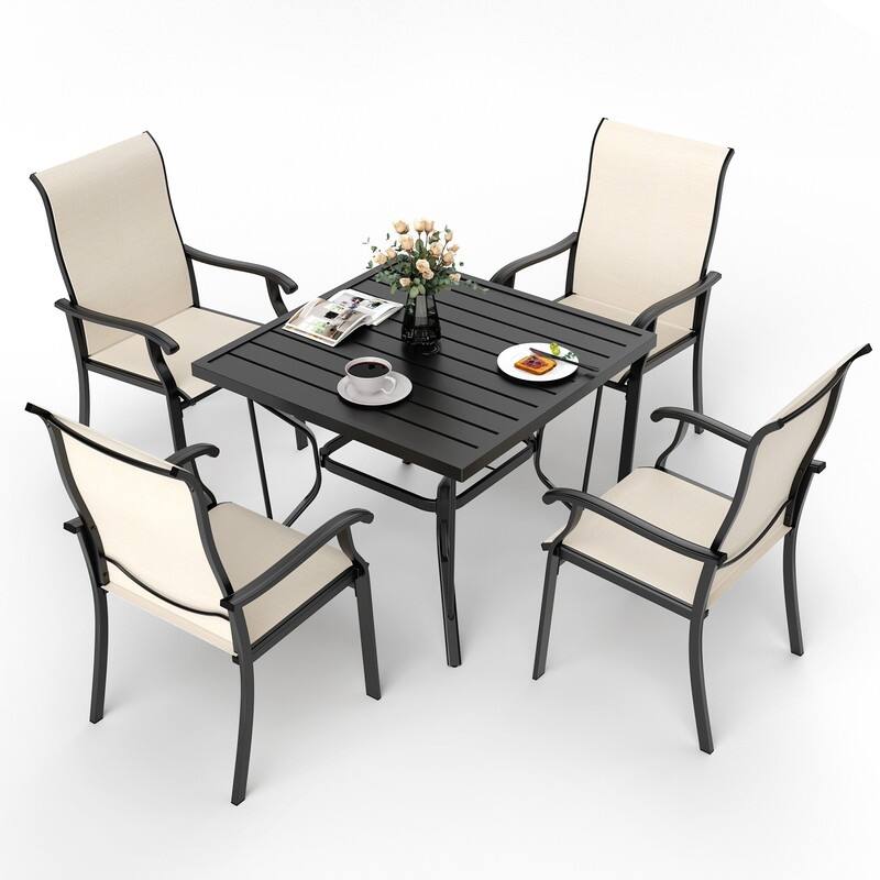 5-Piece Metal Outdoor Patio Dining Set with 4 Textilene Chairs and Square Table