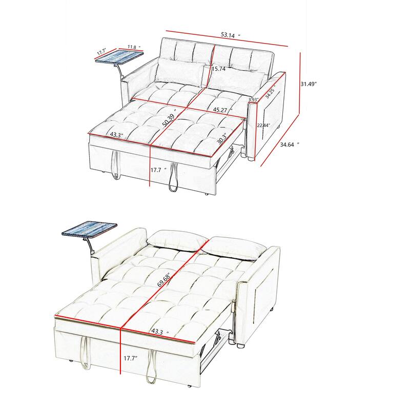 3-in-1 Convertible Sleeper Sofa Bed, Loveseat with Side Pockets, Small Lounge Sofa with Adjsutable Backrest and Lumbar Pillow