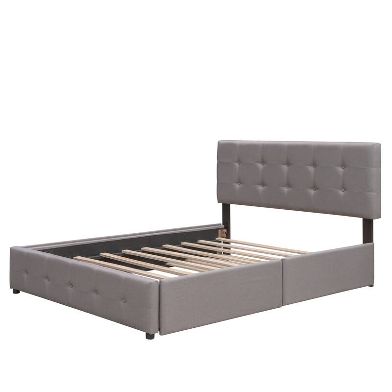 Queen Size Upholstered Platform Bed with 2 Drawers and Twin XL Trundle, Linen Fabric, Light Gray