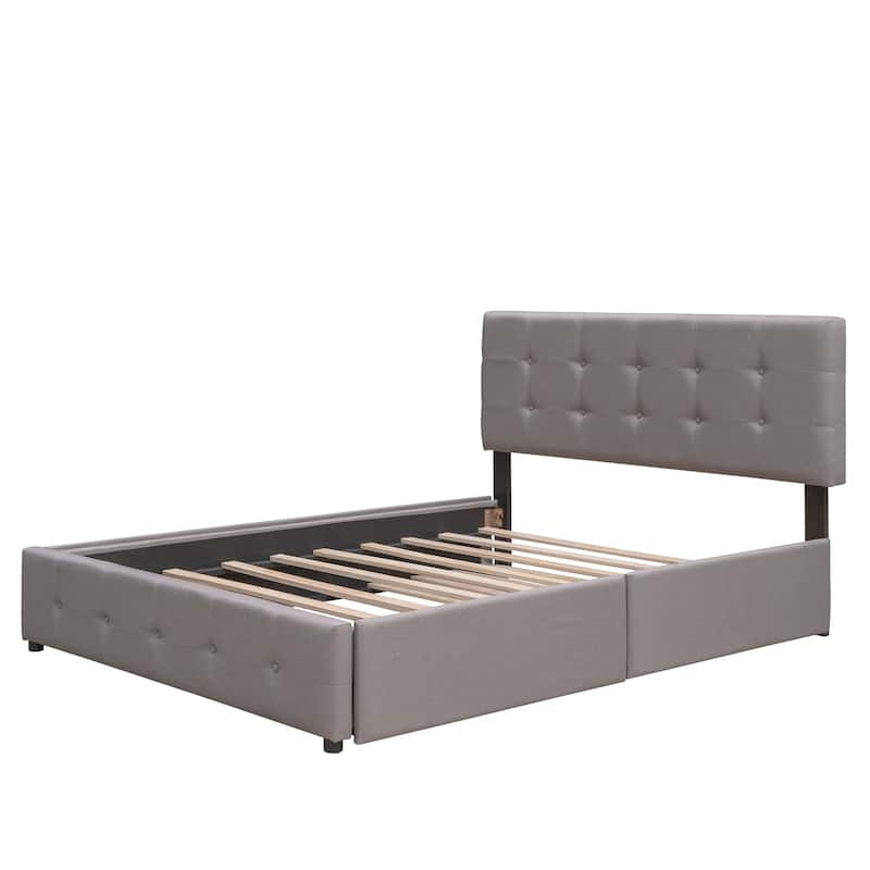 Upholstered Queen Size Platform Bed with 2 Storage Drawers and 1 Twin XL Trundle, Wood Queen Storage Bed for Bedroom Guestroom