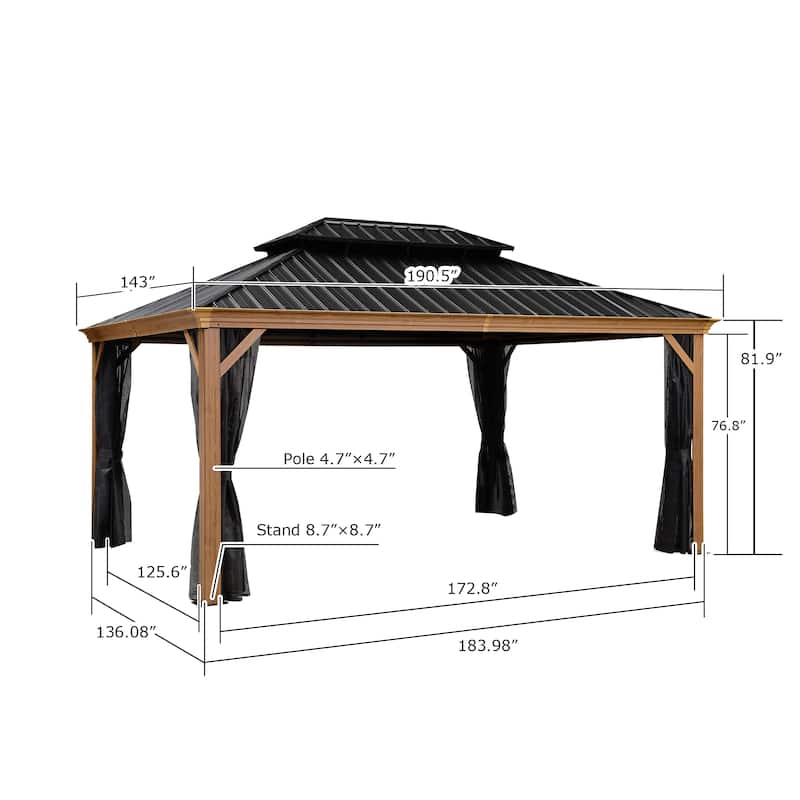 PURPLE LEAF Hardtop Gazebo Galvanized Steel Roof Gazebo Pergola Wooden Coated Alumninum Frame Wiht Mosquito Net and Light