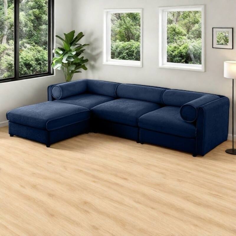 Modern Chenille 6-Seater Sofa with Ottoman Storage, Hidden Storage, Cylindrical Cushioned Arms and Backrest - 3 Seater with Ottoman Blue