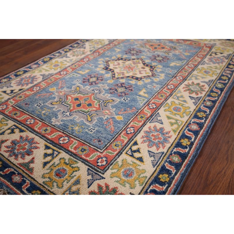Blue Kazak Foyer Rug Handmade Floral Wool Handmade Wool Carpet - 2'7" x 4'0"