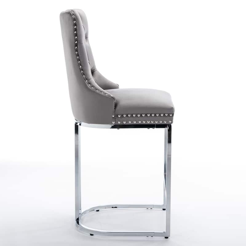 Counter Height Bar Stools Set of 2, Velvet Upholstered Accent Chairs with Button Back, Rivet Trim and Chromed Metal Base Legs