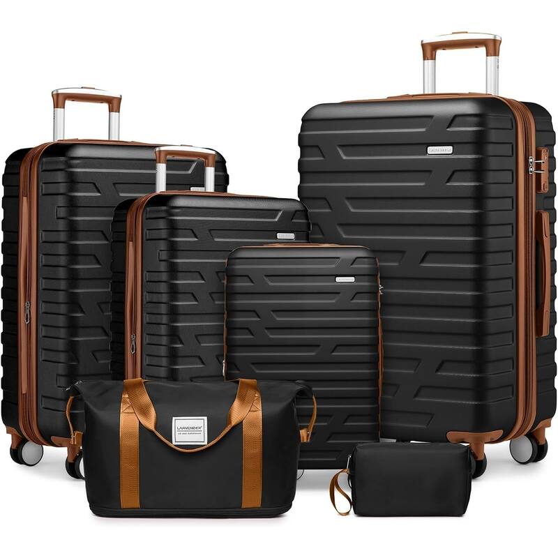 6PCS Hardside Expandable Luggage Sets with Spinner Wheels TSA Lock - Black