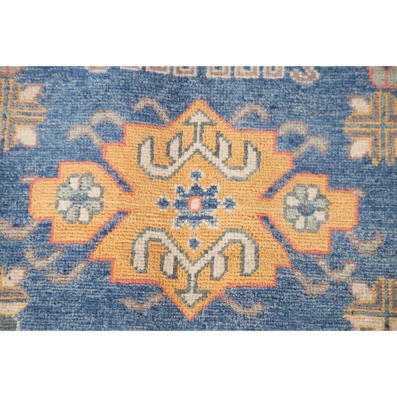 Geometric Blue Kazak Living Room Area Rug Hand-Knotted Wool Carpet - 6'8" x 9'9"