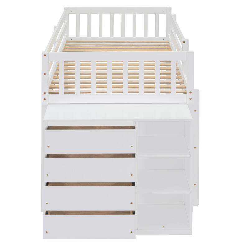Twin Over Twin Bunk Bed with 4 Drawers and 3 Shelves, White