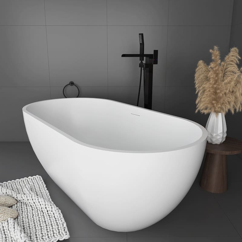 59 in. Stone Resin Freestanding Flat-bottom Soaking Bathtub in Matte White