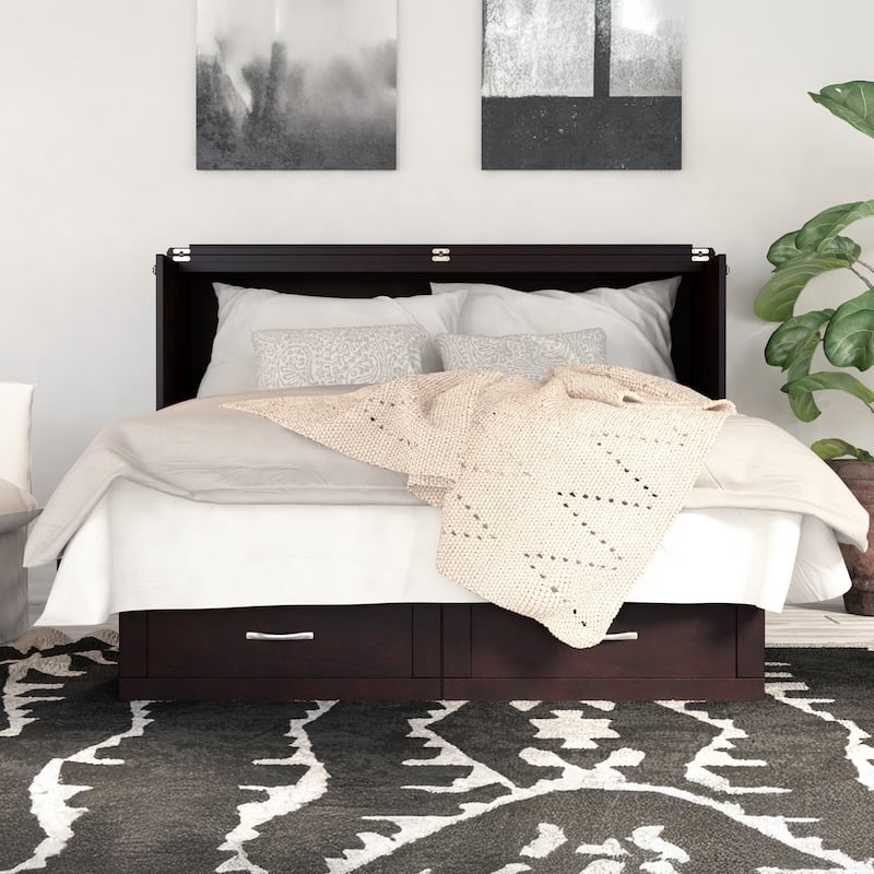 Monroe Queen Murphy Bed Chest with 6" Mattress, Storage Drawer & Built-In Charger in Espresso