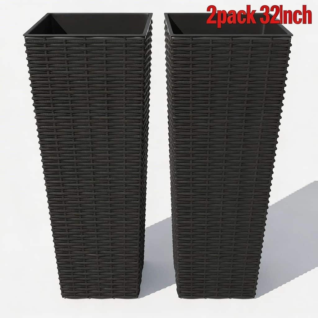 2 Pack 32-in Tall Rattan-Style Planters with Removable Liners and Drainage Hole with Belt Tray Black