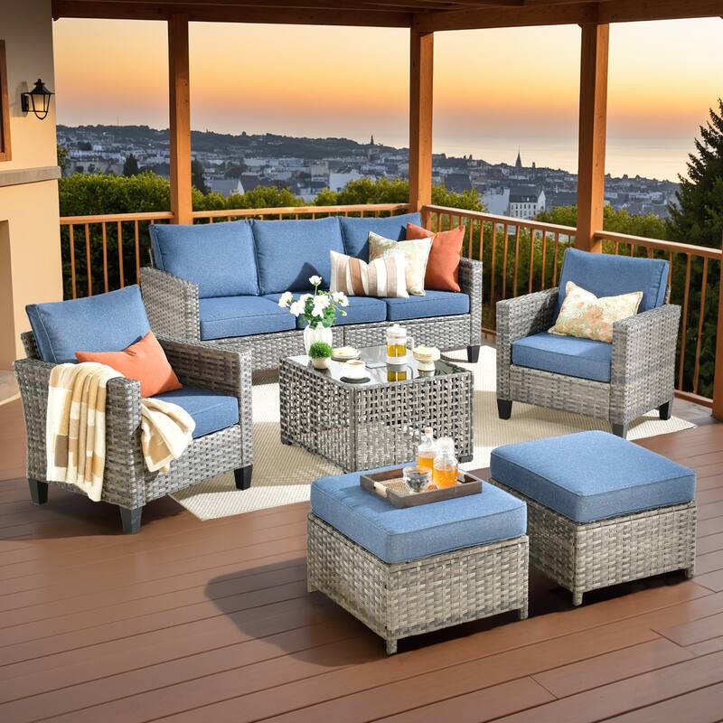 OVIOS 6 Pieces Outdoor Wicker Sectional Set With Solar-Powered Table -  ​Denim Blue​​ 