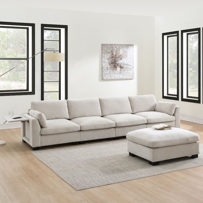 L-Shape Chenille Modular Sectional Sofa with Folding Table&Dual-Port Charging by Harper&Bright Designs - Beige