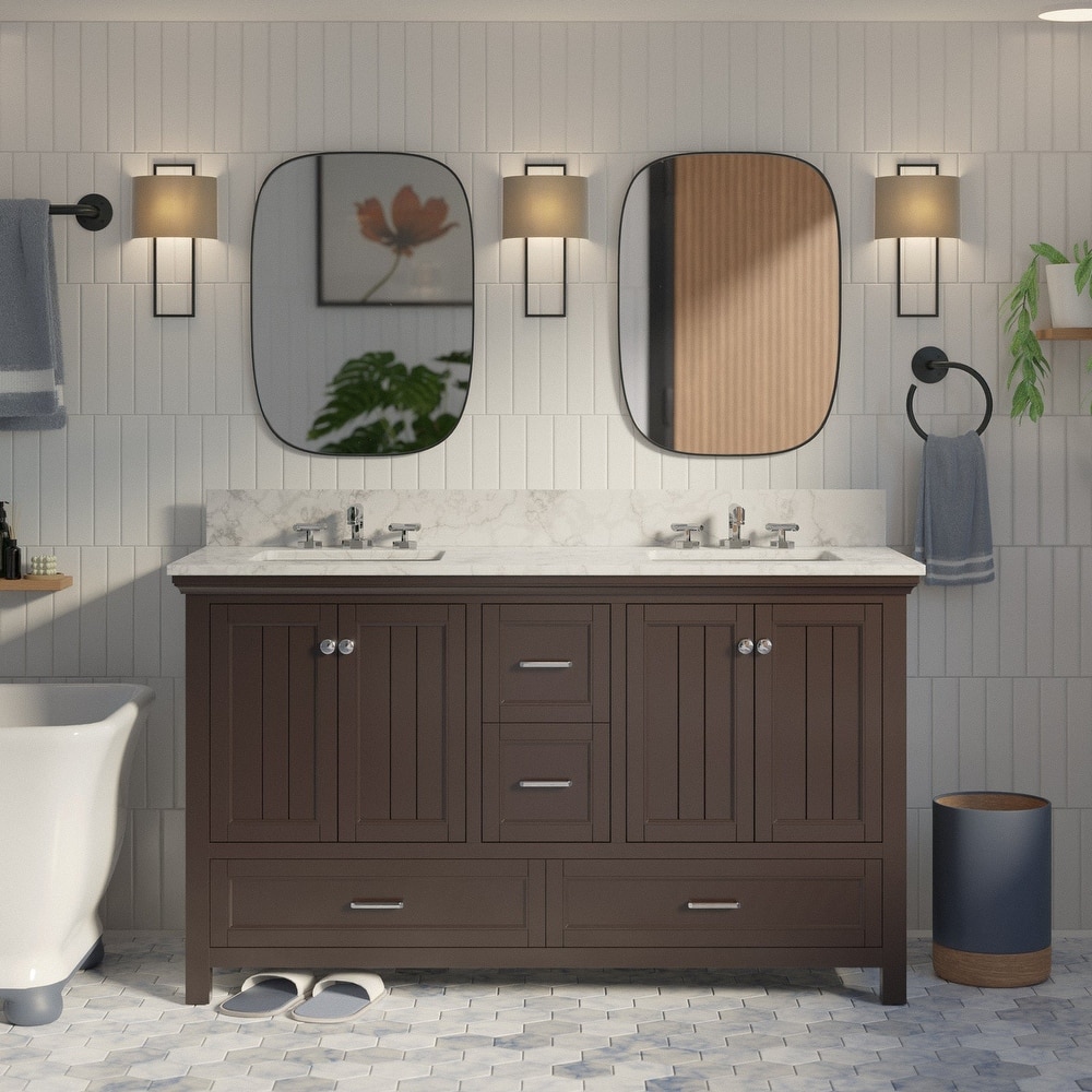 KitchenBathCollection Paige 60" Double Bathroom Vanity with Carrara Marble Top