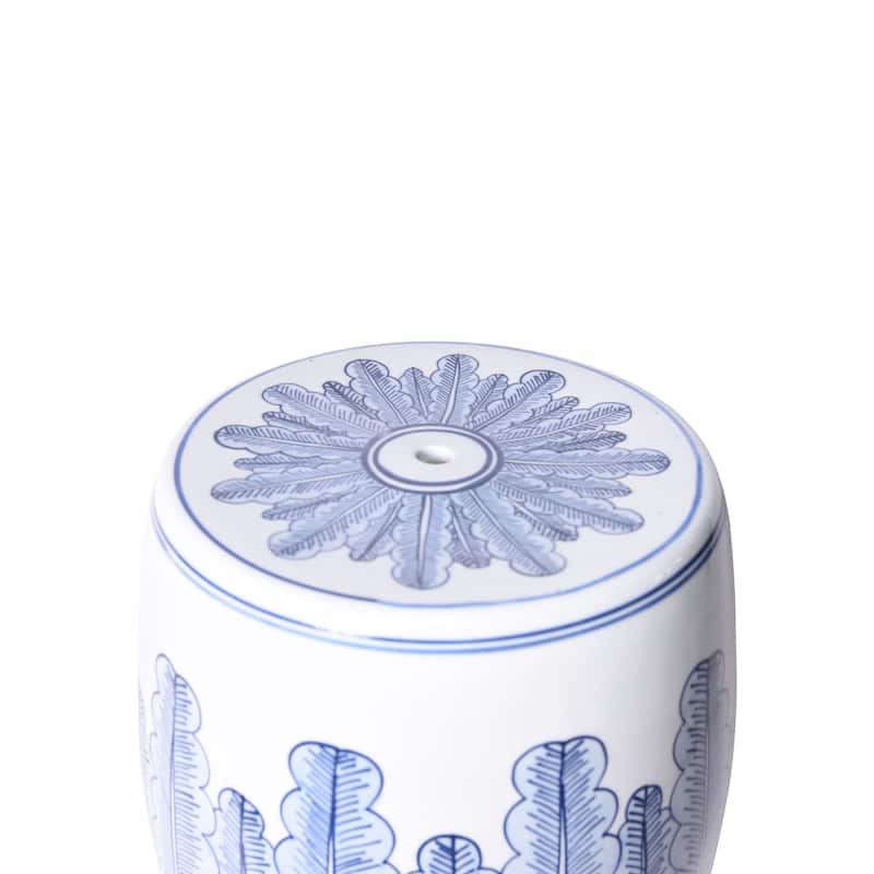 Blue And White Porcelain Banana Leave Garden Stool - 13x13x17