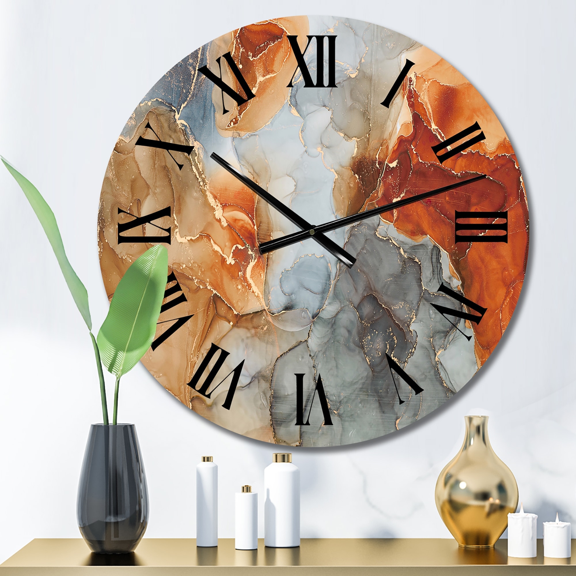 Designart 'Brown And Grey Luxury Abstract Fluid Art I' Modern wall clock