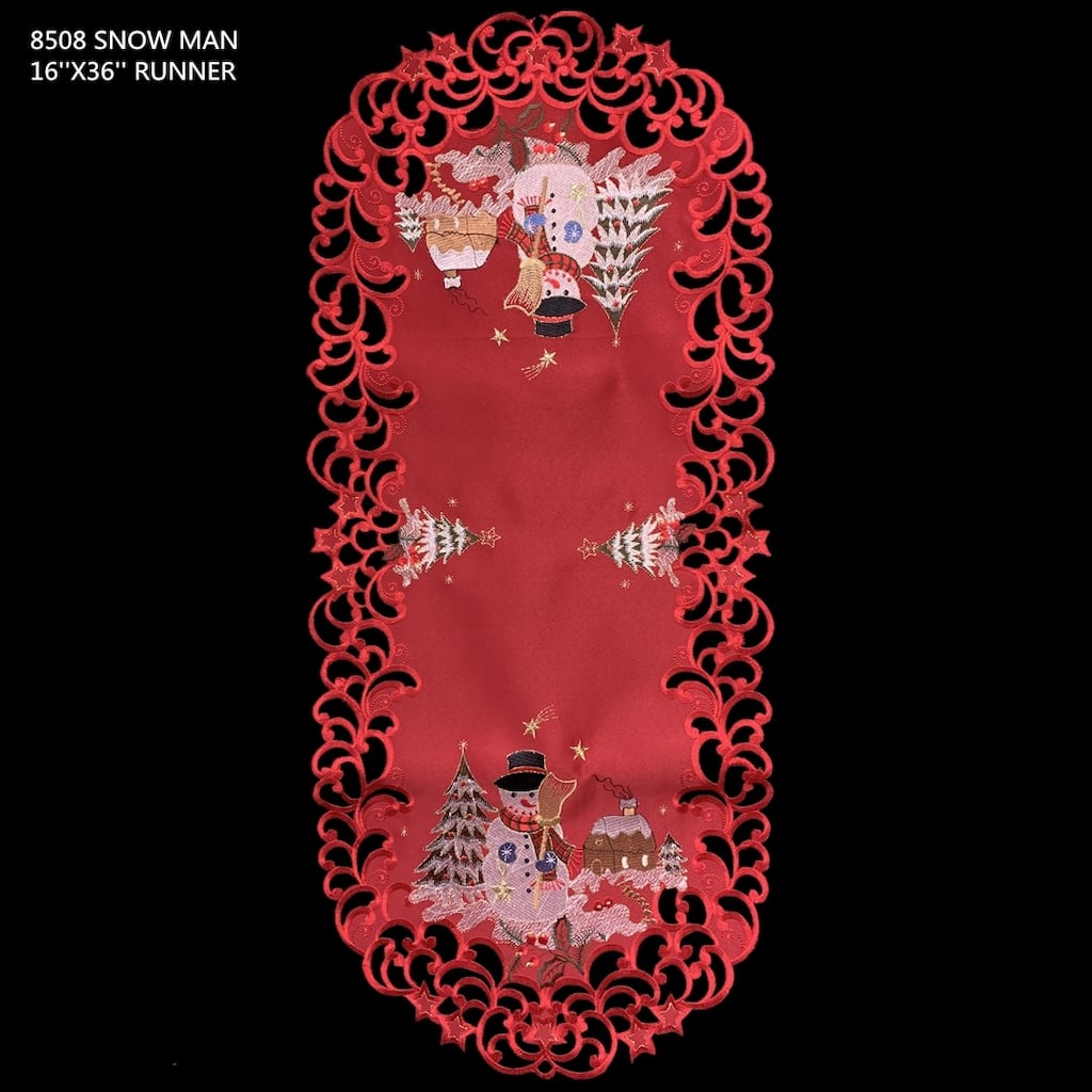 Snow Man Embroidered Cutwork Rectangular Table Runner, 13 by 27 inch