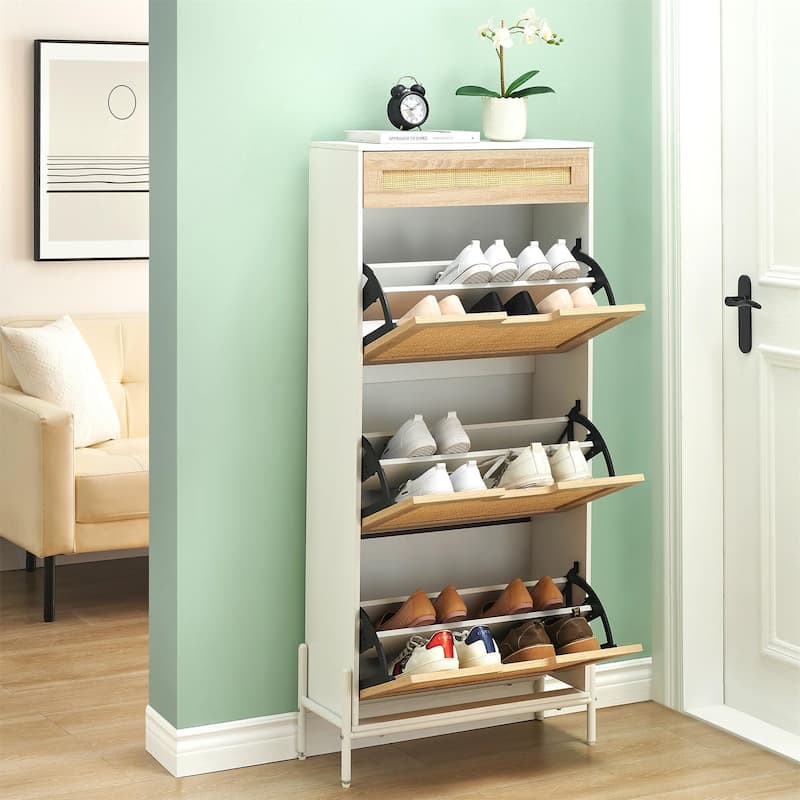 Rattan 3 Flip Door with 1 Drawer Shoe Rack Storage Cabinet - White