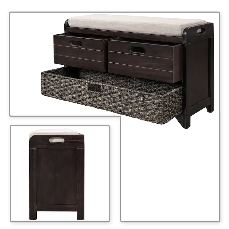 Modern Farmhouse Style Wooden Bench with 2 Drawers and a Woven Storage Basket