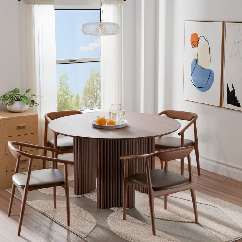 46" Round Dining Table Kitchen Table for 4 with Arc-Shaped Edge Top and Fluted Pedestal Legs for Living Room Dining Room Coffee