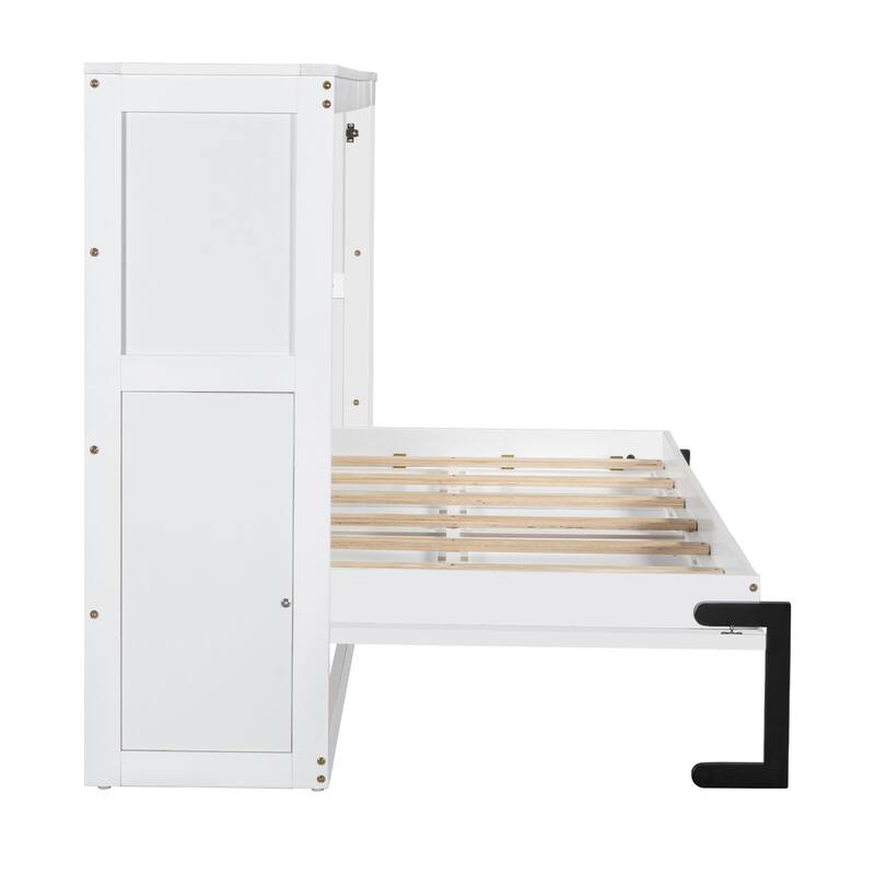 Space-Saving Twin Size Murphy Bed with Bookshelf and Storage, White