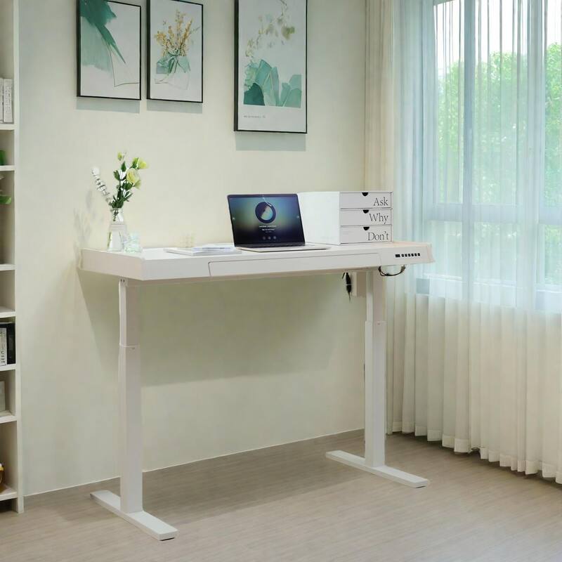 KOWO K3091 48 Inch Electric Height Adjustable Desk with Drawer Motorized Sit to Stand Workstation for Home Office - White
