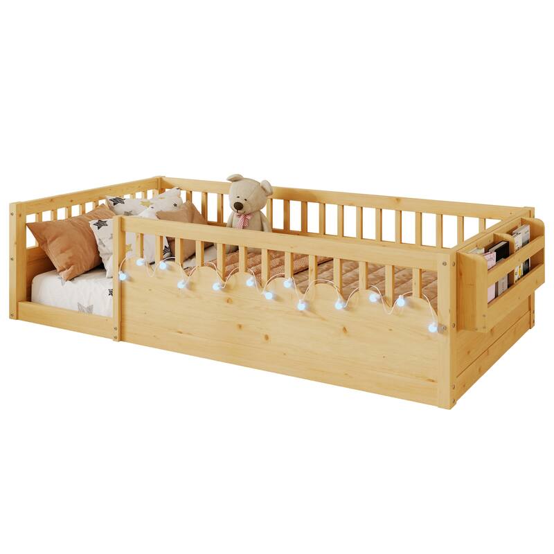 Wooden Kids Montessori Floor Bed with LED Light and Storage Shelf, No Slats