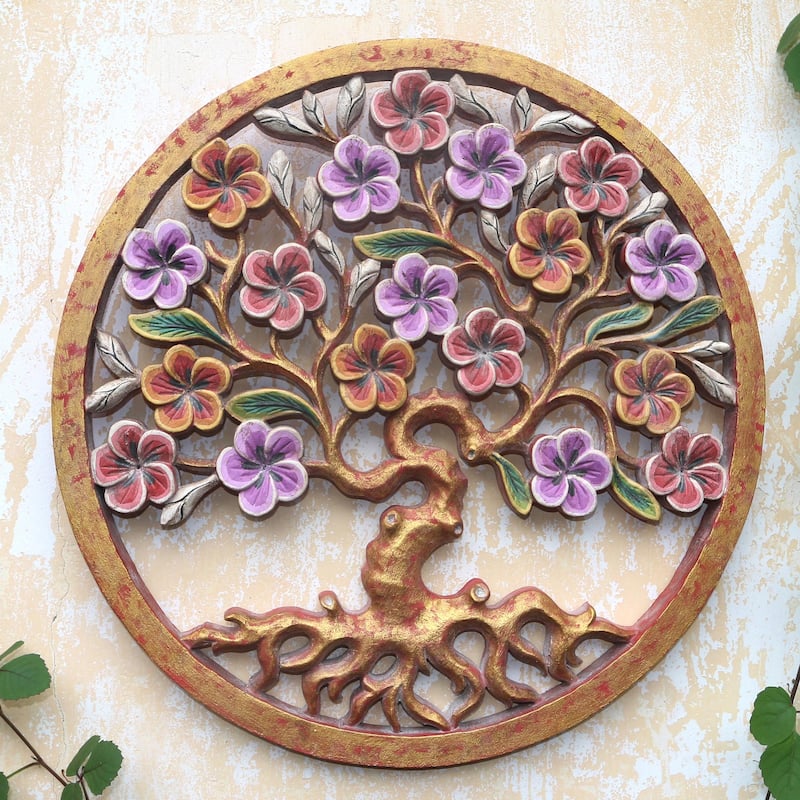 Novica Handmade Flowering Shimmer Wood Relief Panel