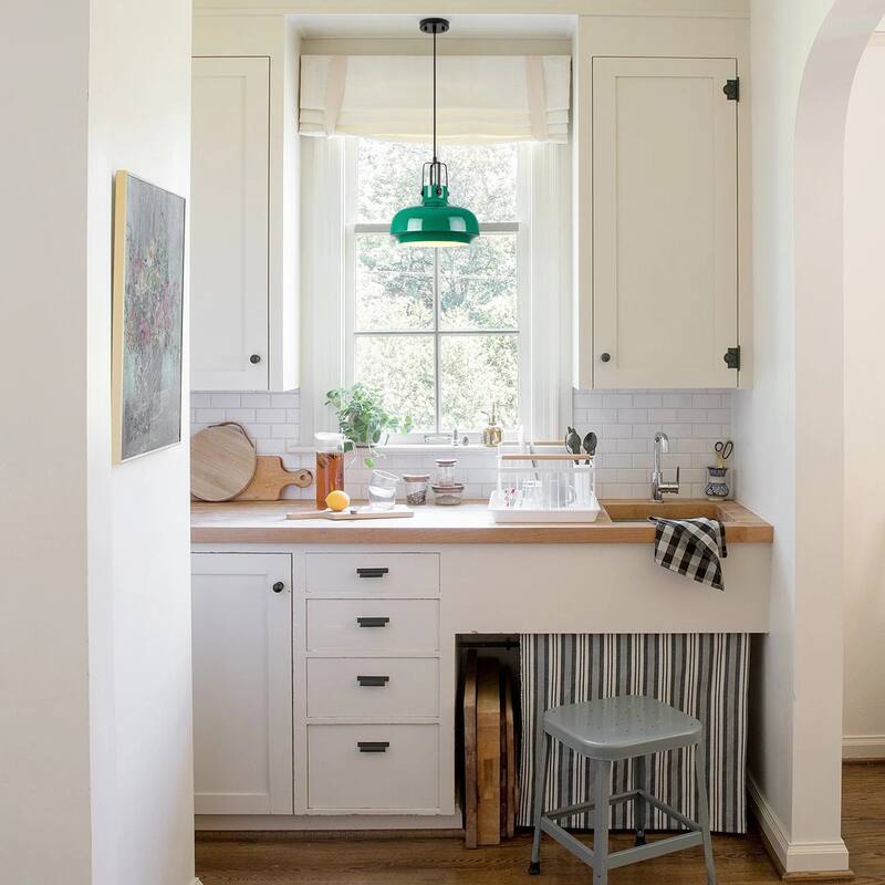 1-Light Farmhouse Industrial Green Dome Adjustable Pendant Hanging Light with Matte Black Hardware for Kitchen Island