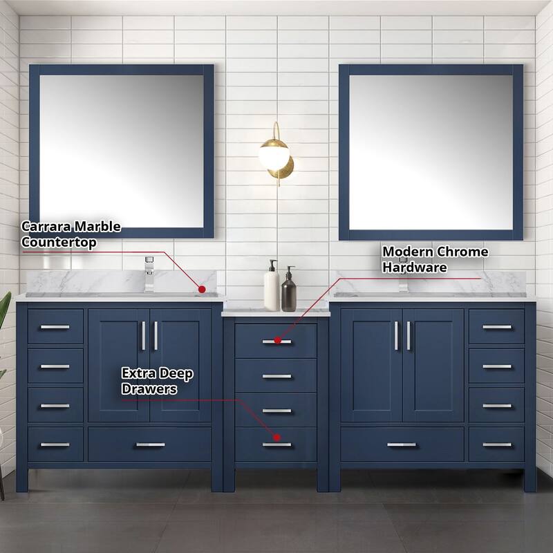 Coraline 92 in W x 22 in D Double Bath Vanity, Carrara Marble Top, and 34 in Mirrors