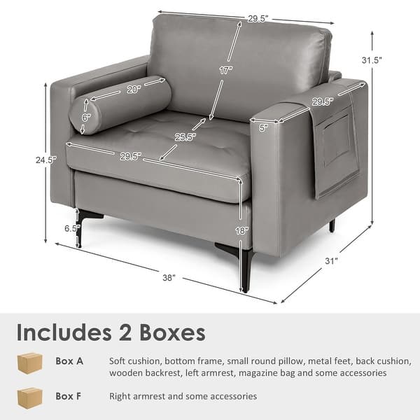 dimension image slide 1 of 2, Costway Modern Accent Armchair Single Sofa with Bolster & Side Storage