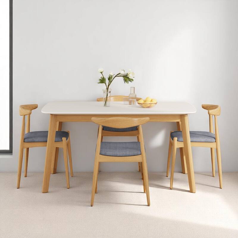 Retro 5-Piece Dining Table Set with White Oak-Look Top and Upholstered Chairs, Mid-Century Modern Style