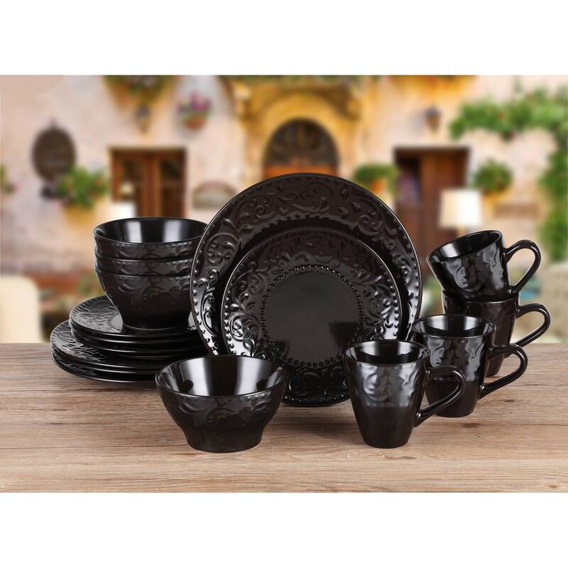 Lorren Home Trends 16 Piece Stoneware Scroll Dinnerware Set-Black