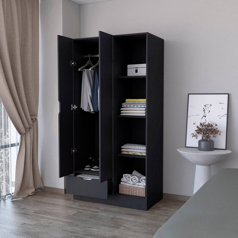 Armoire features four open storage shelves for Bedroom, Black