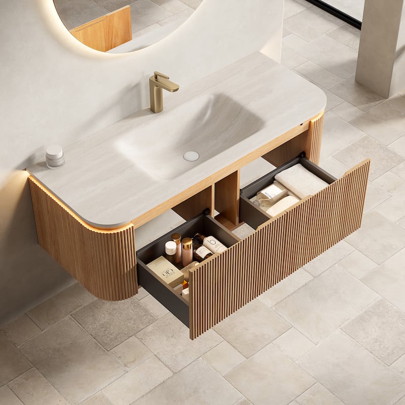 36"/48" Floating Bathroom Vanity with Sink, Sintered Stone Hot-Press Integrated Basin, LED Bathroom Vanity Cabinet