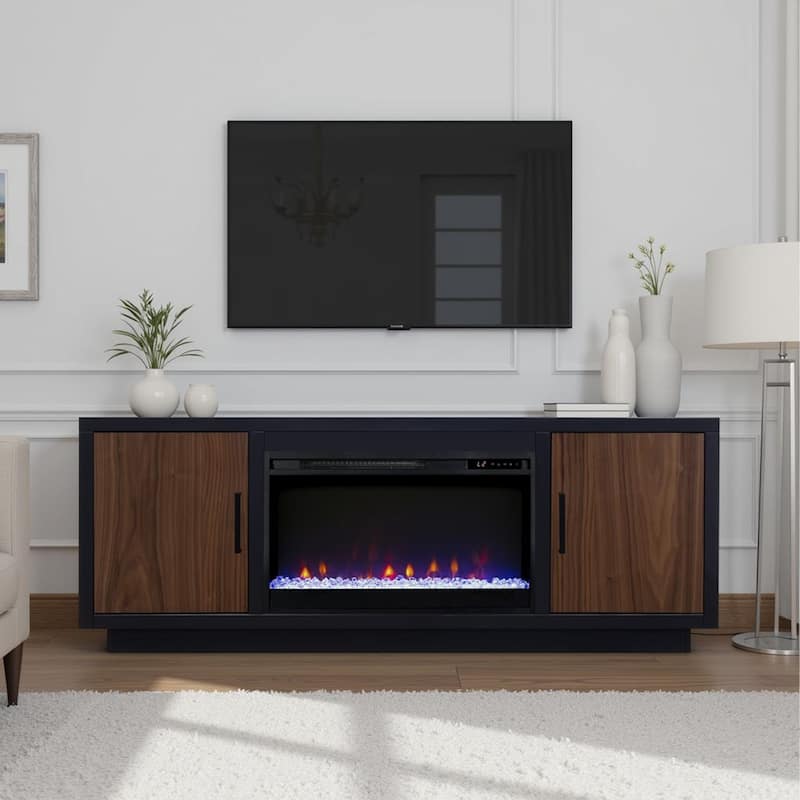 Bridgevine Home Aria 66 inch Fireplace TV Stand for TVs up to 80 inches, Minimal Assembly, Black and Walnut Finish
