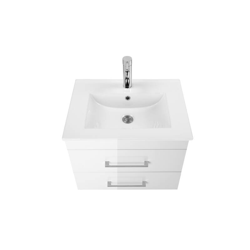 Wood Grain Wall-Mounted Bathroom Vanity with Double Drawers,Soft-Close System,Ceramic Sink,and Aluminum Frame Mirror