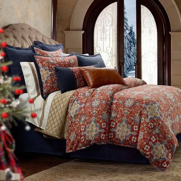 slide 2 of 9, HiEnd Accents Melinda Red/Navy Washed Linen Vintage Floral Medallion 3 Piece Duvet Cover Set