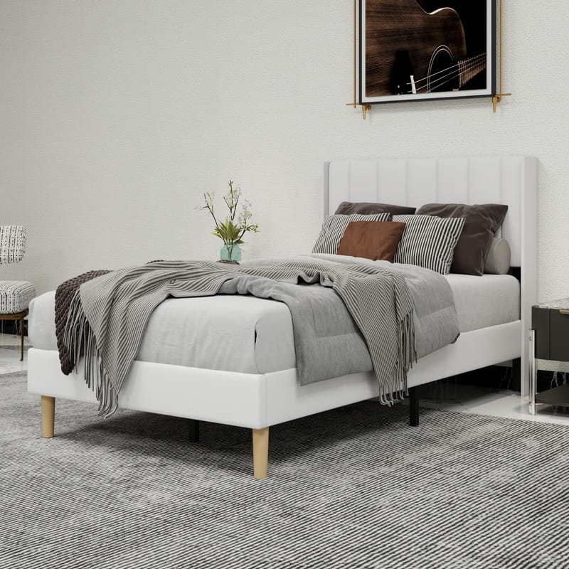 Caxkun Upholstered Platform Bed Frame with Wingback headboard - White - Twin
