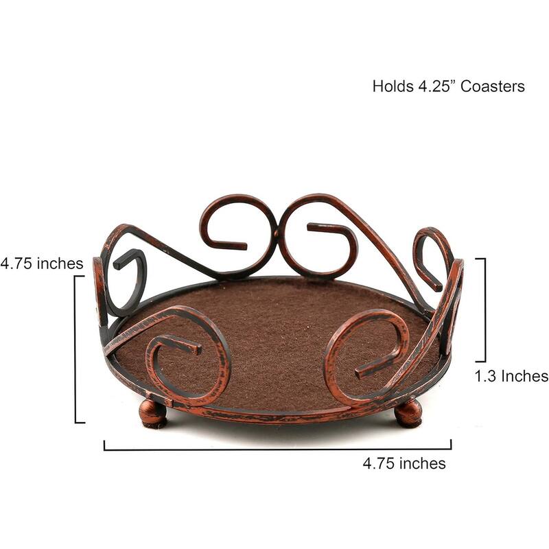 Bronze Cast Iron Scroll Round Coaster Holder 5.13” Diameter Holds 4-4” to 4.25” Round Coasters